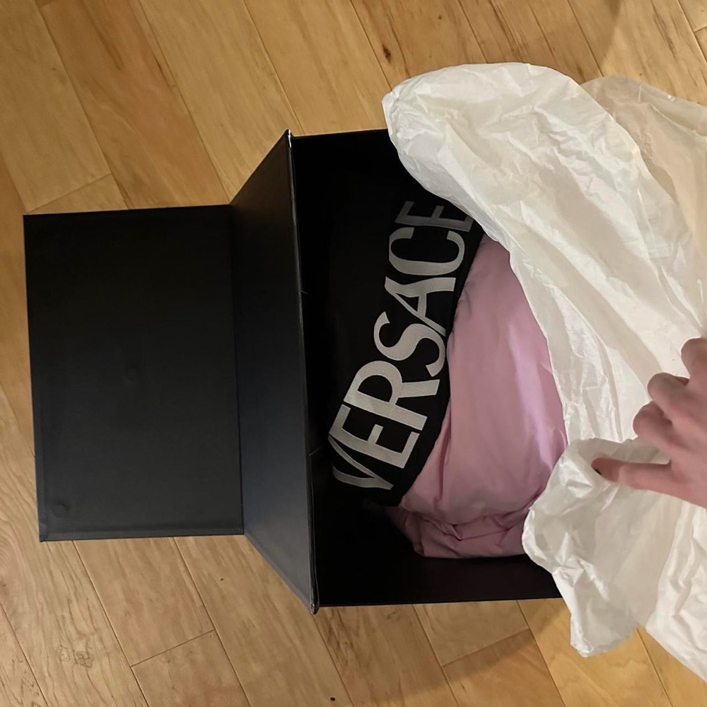 Versace Pink and Black Hooded Puffer Jacket - Picture 3 of 3
